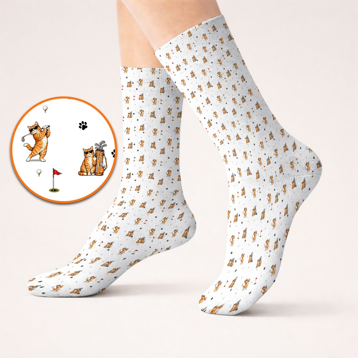 Funny Golf Cat Socks, Orange Tabby Cat Playing Golf Pattern Sock, Golf Gift For Golfers