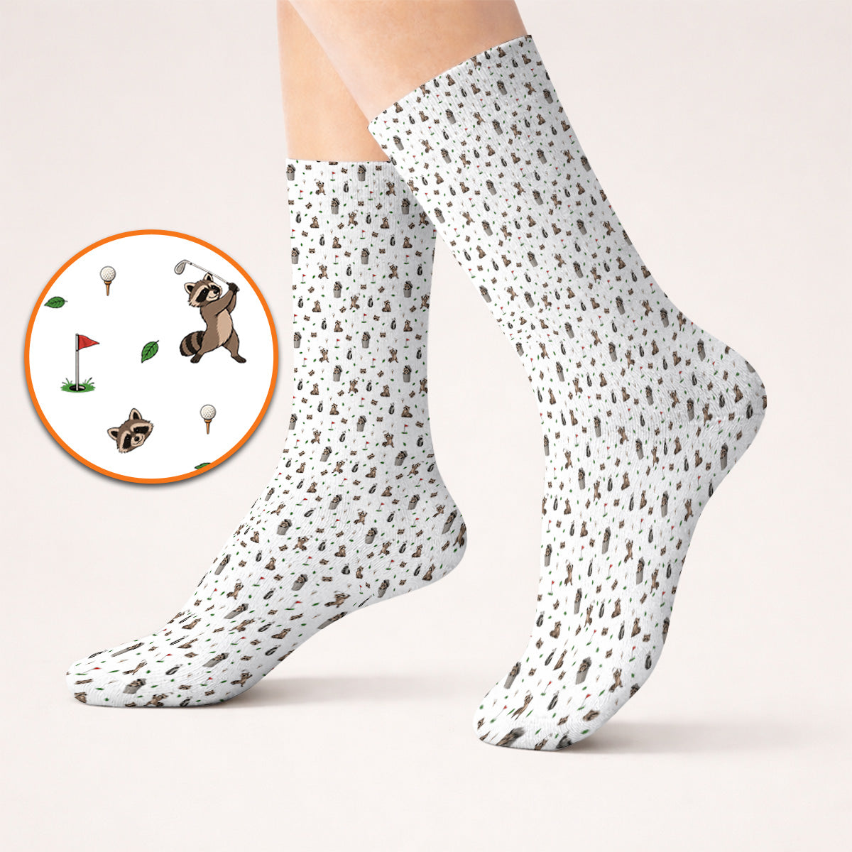 Raccoon Golf Socks, Playful Raccoon Golf Pattern Sock, Funny Animal Golf Footwear for Golfer