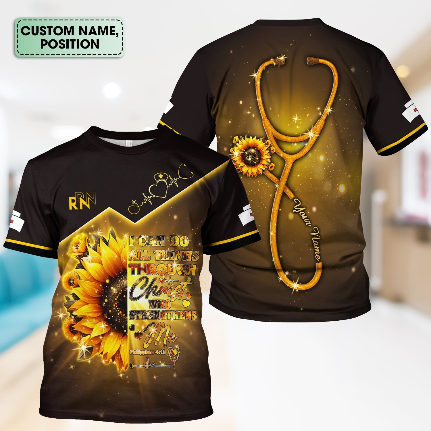 Personalized Faith Nurse Shirt - All Things Through Christ Graphic Tee - Gift for Christian Nurses RN LPN CNA