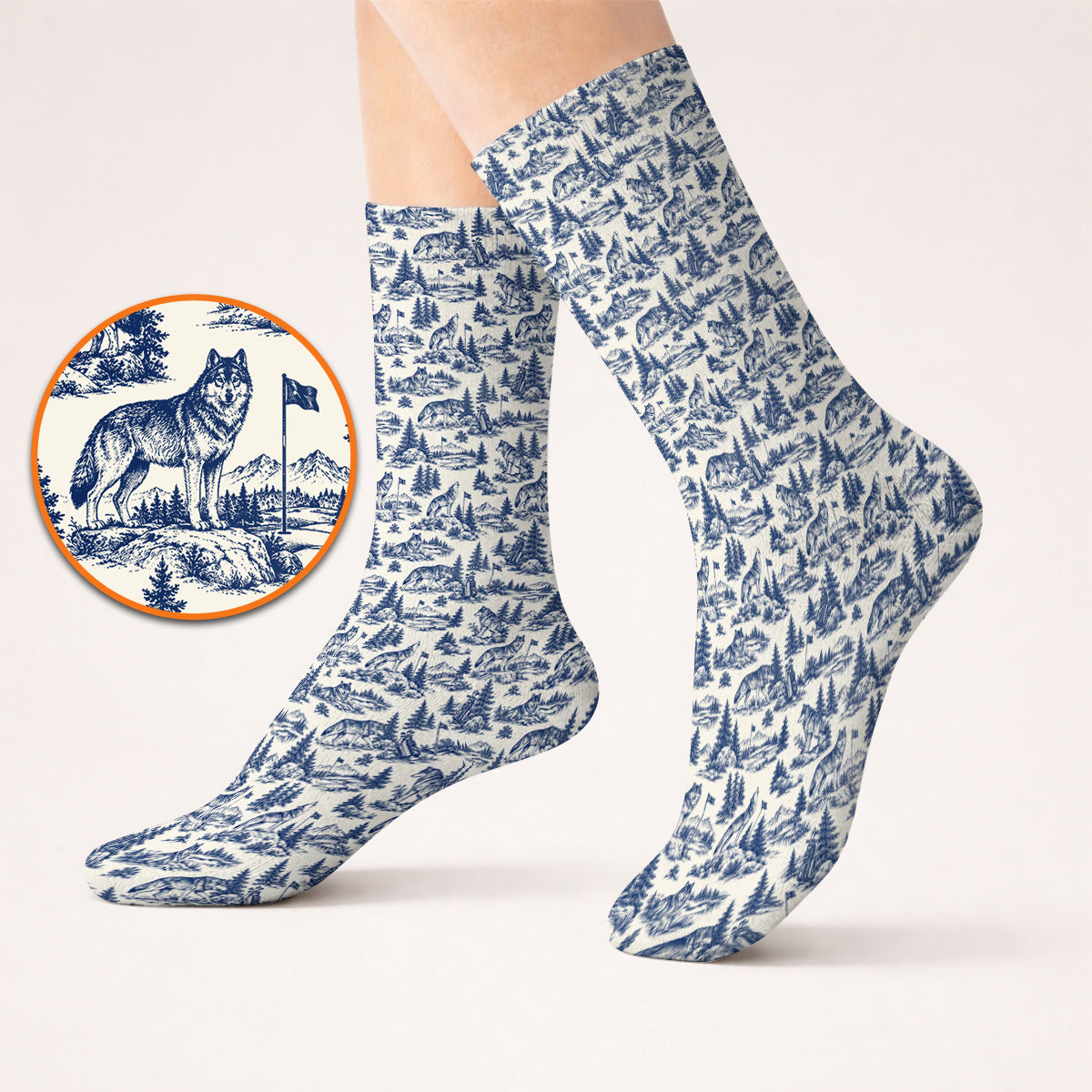 Vintage Wolf Golf Socks, Wilderness Wolf Pattern Golf Sock, Nature Inspired Golf Gift for Golfers