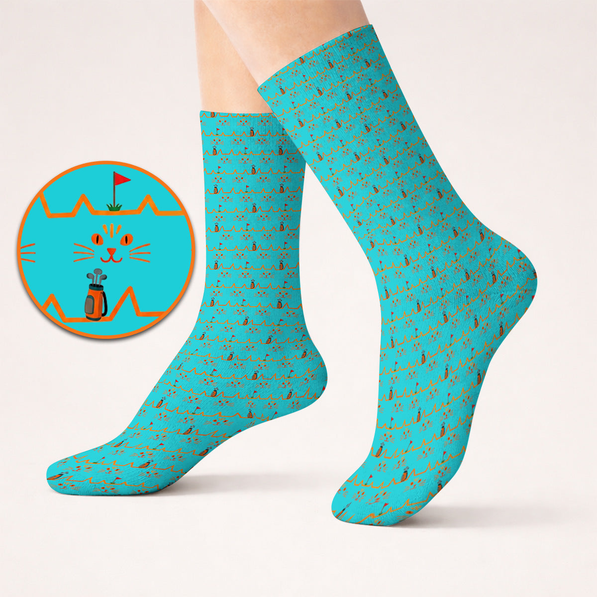Cat Lover Golf Socks, Turquoise Cat Face & Golf Bag Pattern Golf Sock, Funny Kitty Golf Gift for Golfers