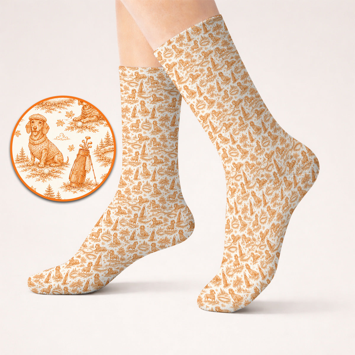 Dachshund Toile de Jouy Golf Socks, Autumn Wiener Dog Pattern Golf Sock, Crazy Golf Gift For Golfer