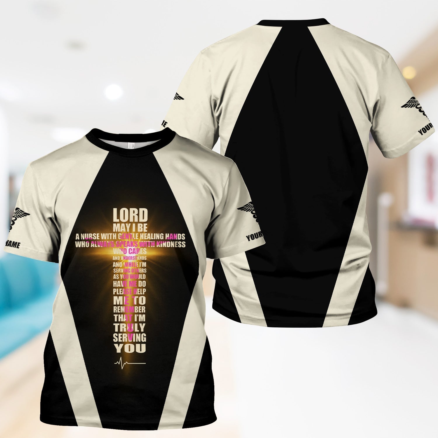 Personalized Christian Nurse Shirt - Lord Prayer Healing Hands Quote - Custom Name RN LPN CNA Healthcare Workers Gift