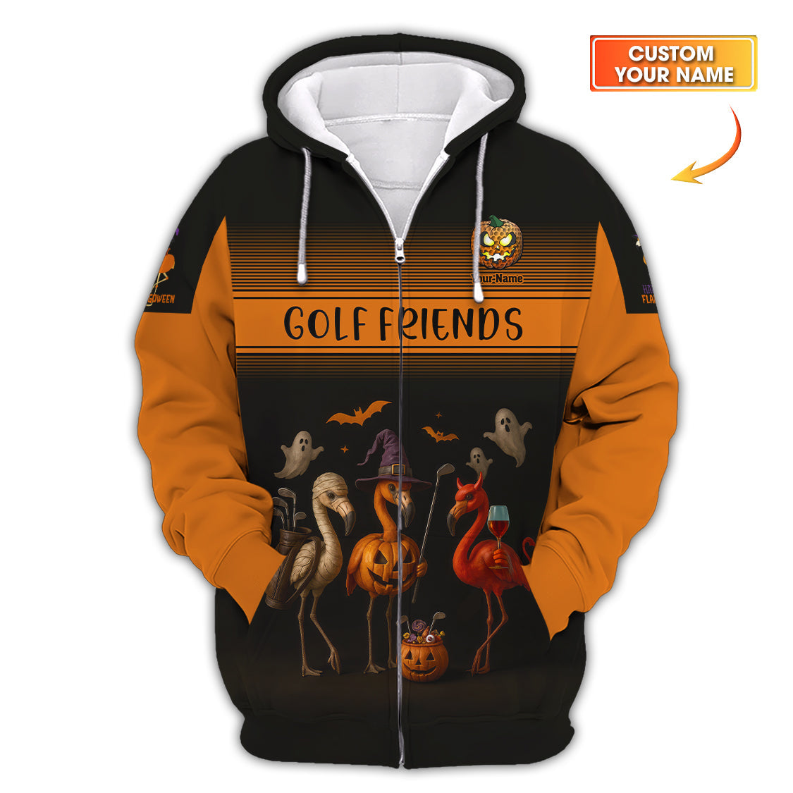 Custom Name Flamingo Golf Polos, Golf Friends Halloween Golf Shirts, Funny Golf Shirt For Golfers