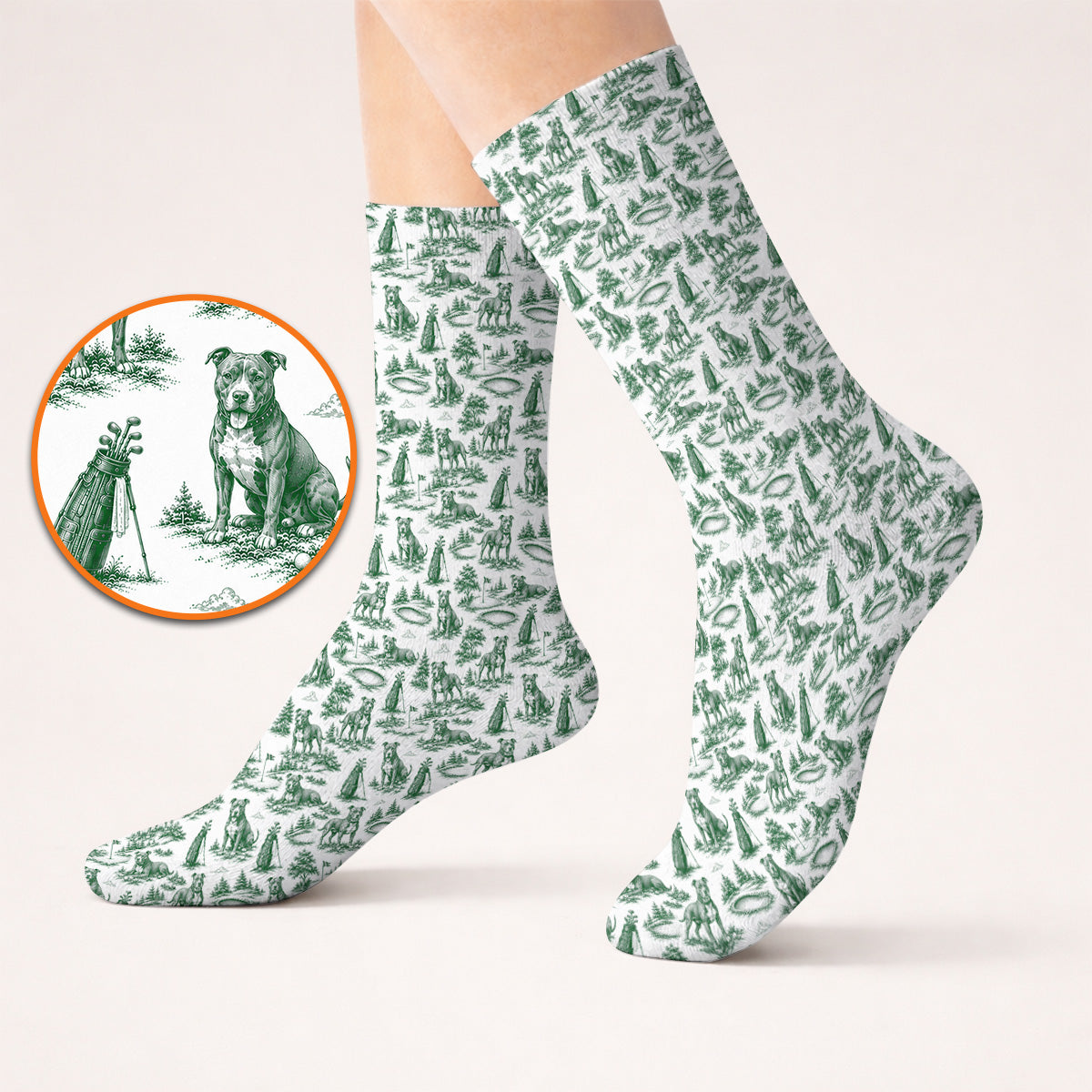 Crazy Pit Bull Golf Socks For Golfer, Toile de Jouy Pit Bull Pattern Golf Sock, Dog Lover Golf Gift