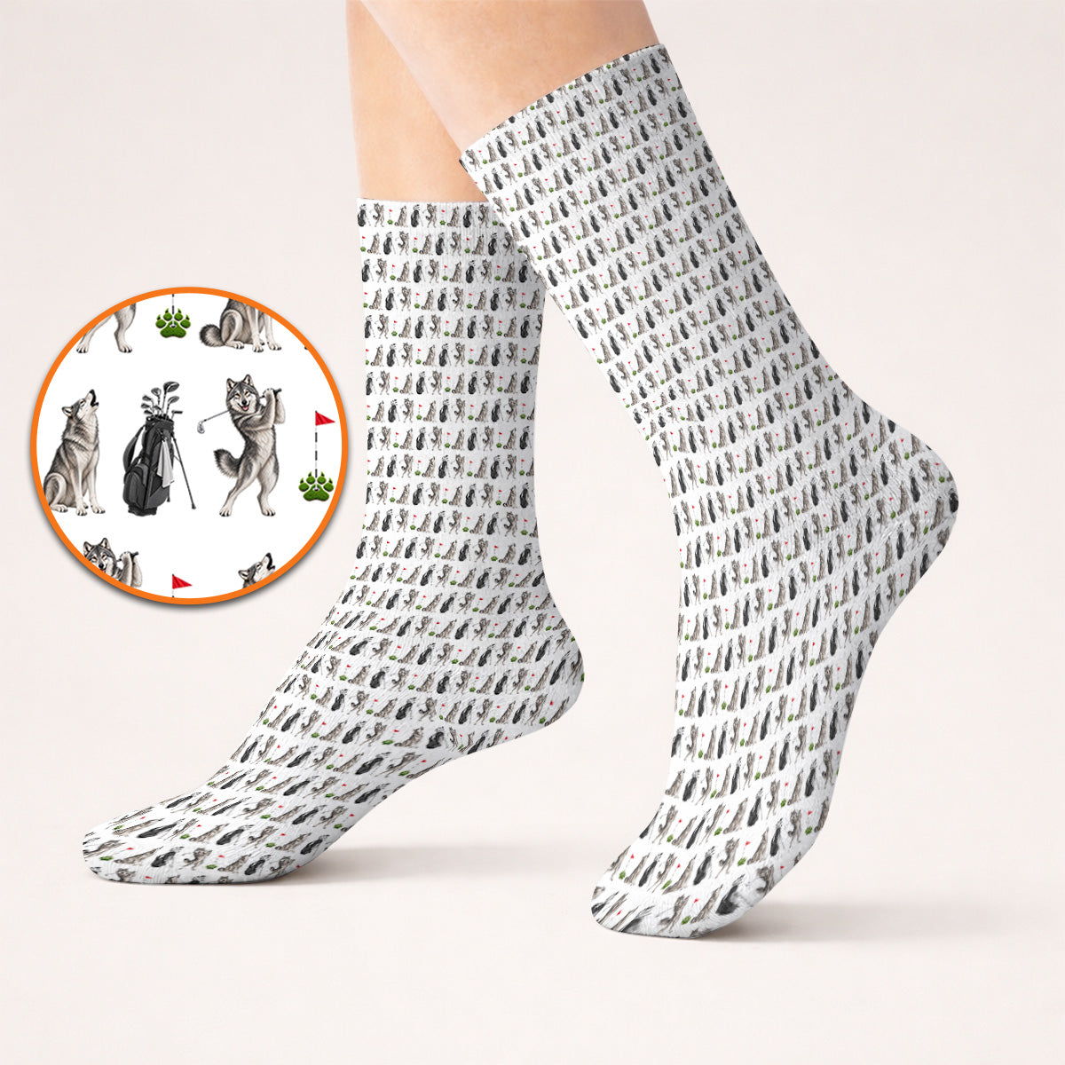 Wolf Golf Socks, Funny Wolf Golf Pattern Sock, Wildlife Lover Golf Gift for Golfer