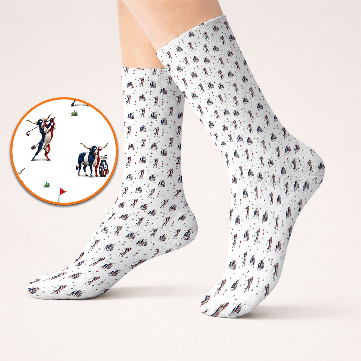 Texas Longhorn Pattern Golf Socks, Patriotic Bull Golf Sock, Unique Texas Golf Gift For Golfer