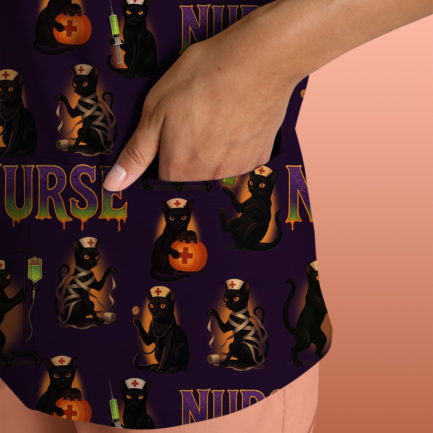 Halloween Nurse Shirt for Women - Black Cat with Pumpkin & IV Bag Design - Spooky Gift for RN LPN CNA