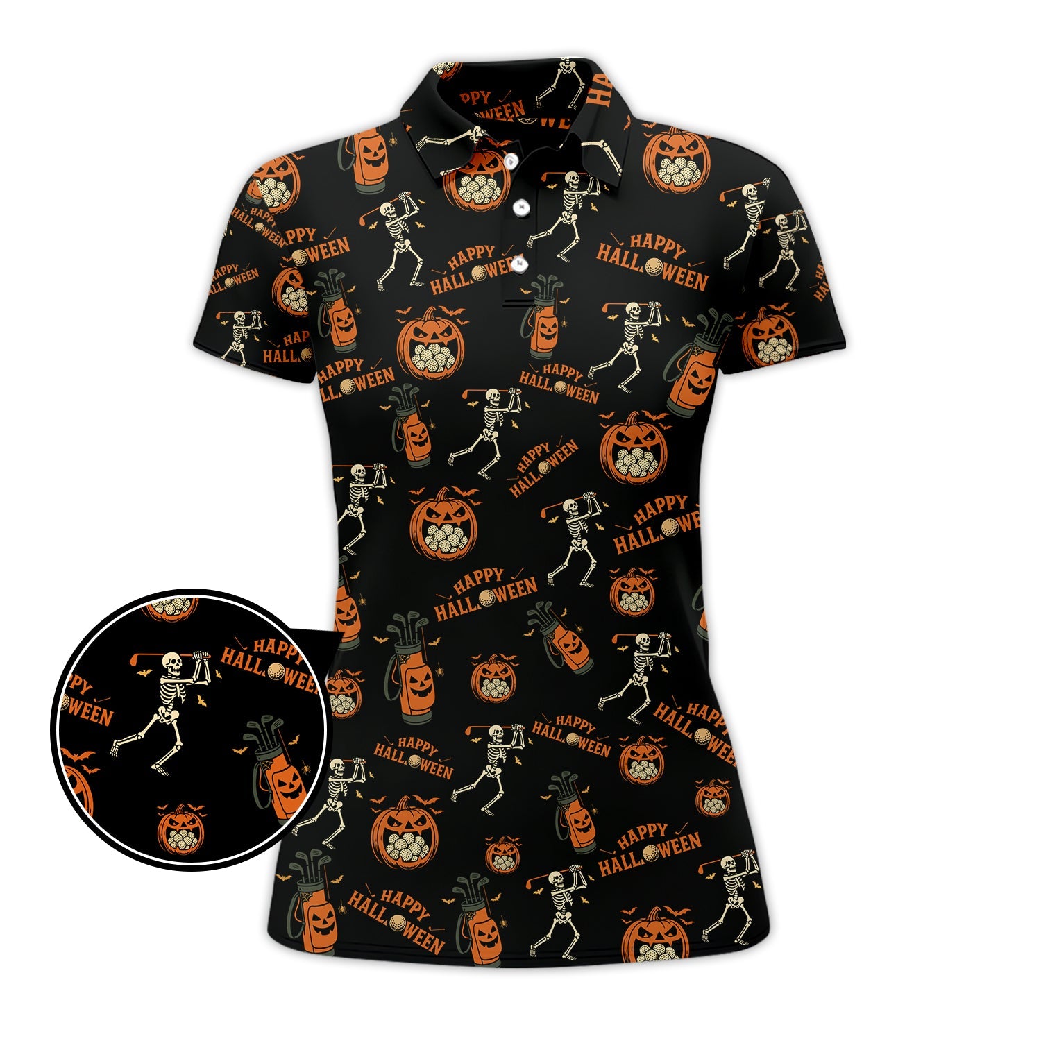 Pattern Golf Shirt, Halloween Skeleton With Pumpkin Golf Polos, Funny Golf Shirt For Men