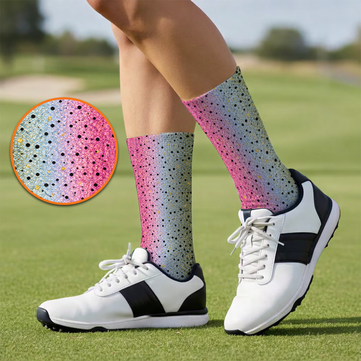 Crazy Rainbow Trout Skin Pattern Golf Socks, Pink Blue Fish Scale Golf Sock, Golf Gift For Golfers