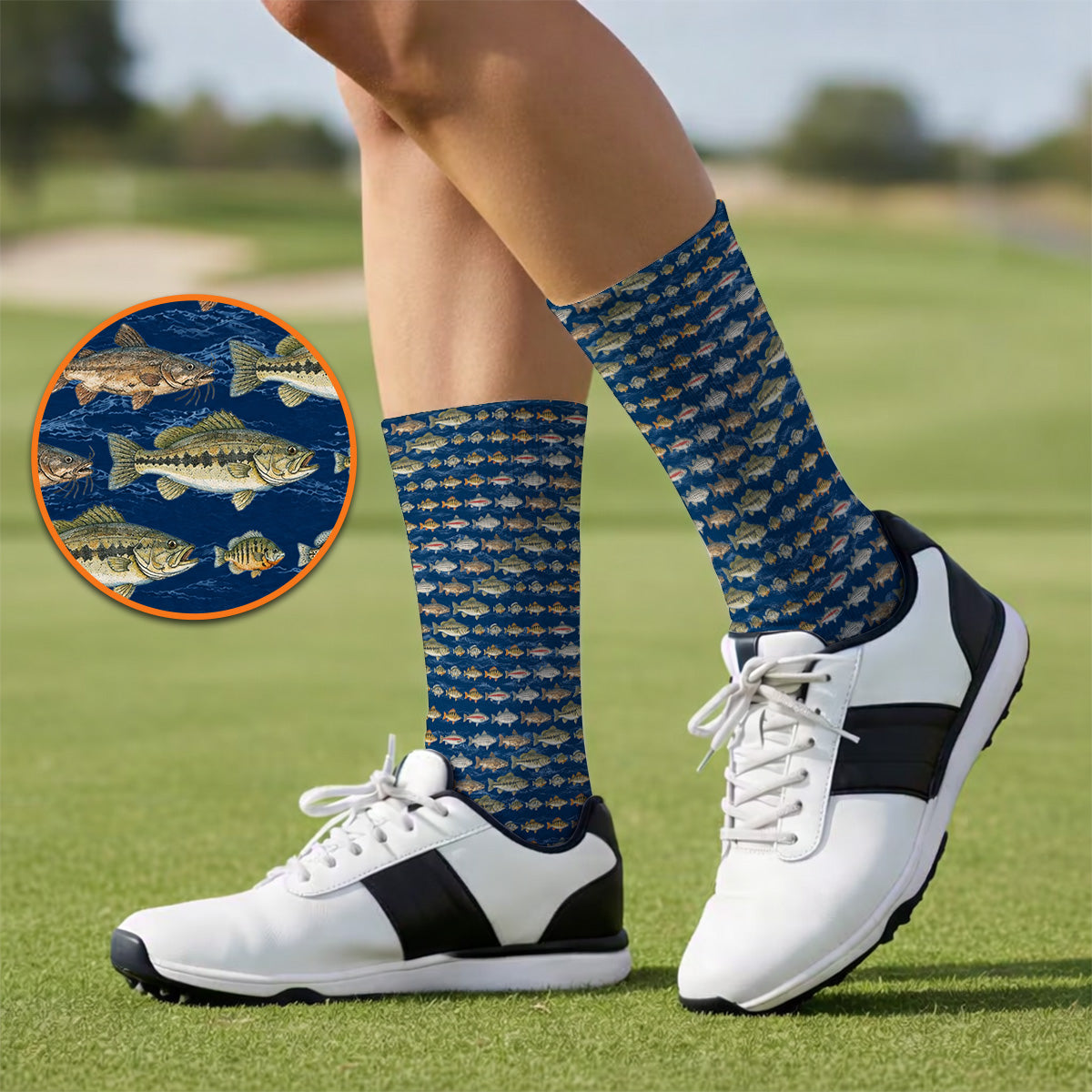 Freshwater Fishing Pattern Golf Socks, Bass Trout Catfish & Perch Golf Sock, Fishing Gift For Golfer