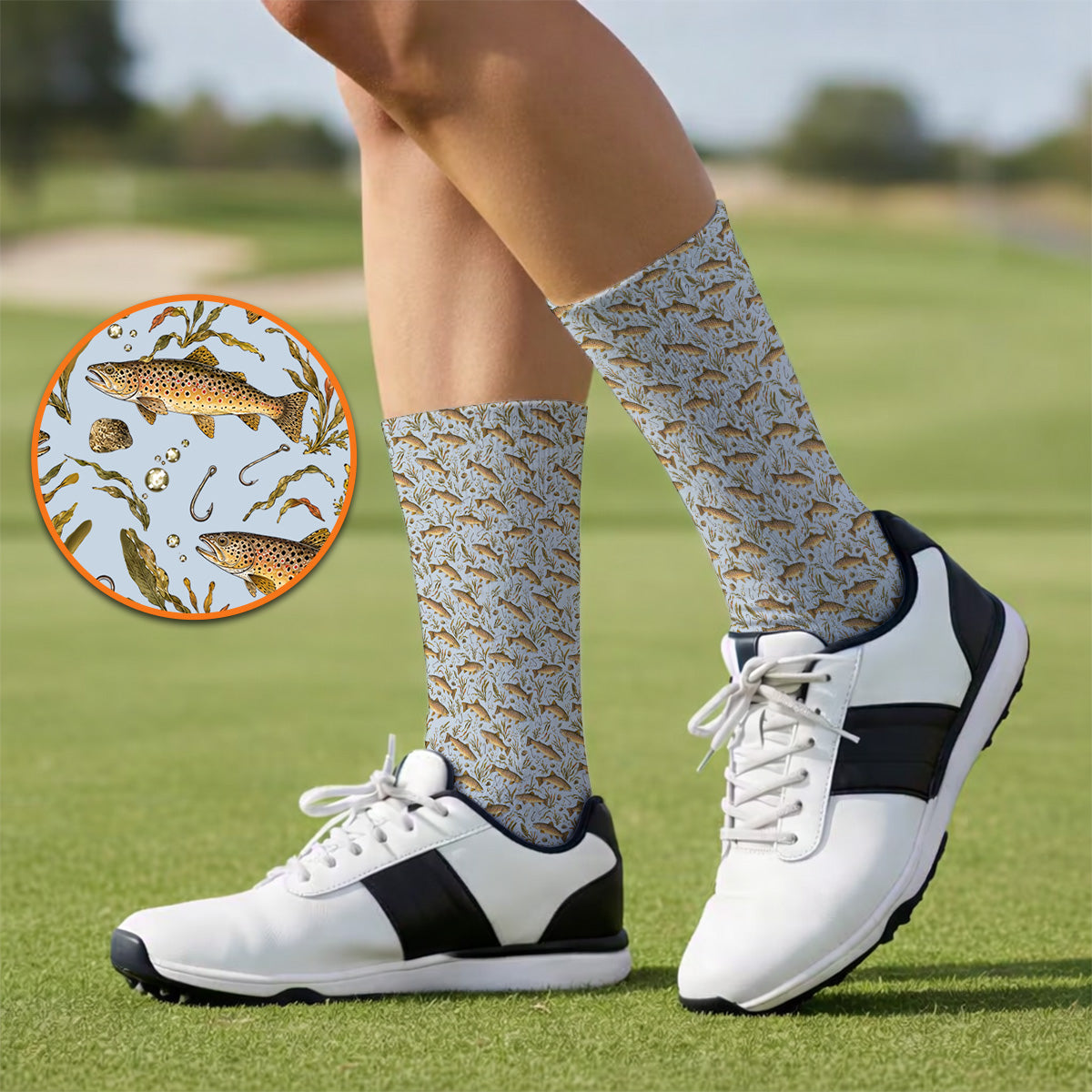 Funny Brown Trout Fishing Golf Socks, Vintage Trout & Fly Fishing Pattern Golf Sock, Golf Gift For Golfer