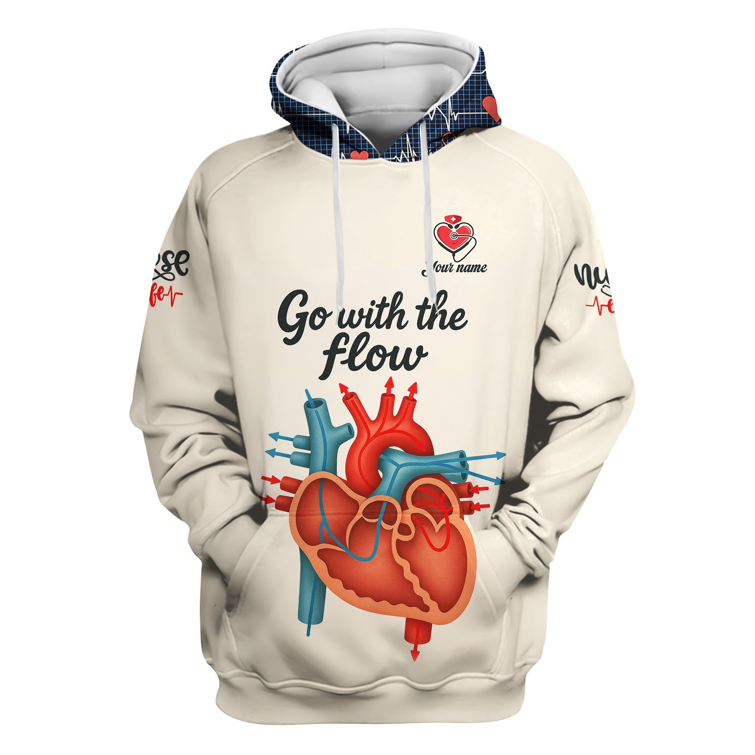 Funny Nurse Shirt for Women RN LPN CNA - Go With The Flow Heart Anatomy Design - Custom Name Gift for Healthcare Workers, Cardiologists, ICU & ER Staff