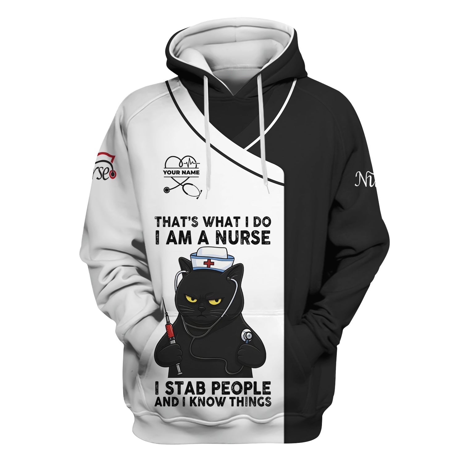 Personalized Grumpy Black Cat Nurse Shirt - Funny Syringe & Stethoscope Graphic Tee - Gift for Women RN LPN & Healthcare Workers