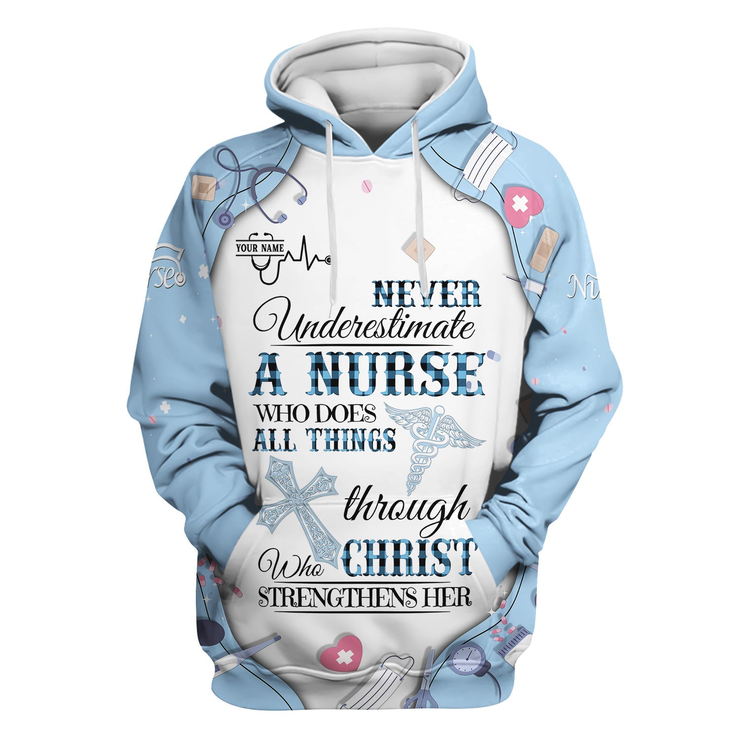 Personalized Christian Nurse Shirt for Women - All Things Through Christ Quote - Faith Medical Gift for RN LPN CNA Healthcare Workers