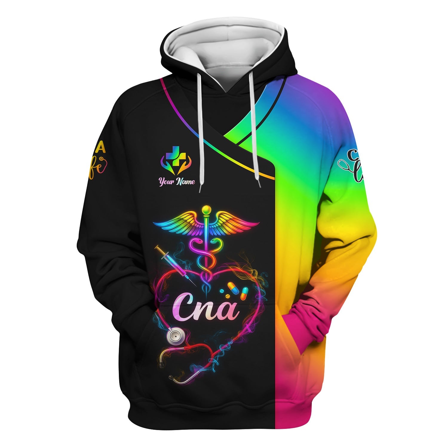 Custom Rainbow CNA Nurse Shirt - Stethoscope Heart & Caduceus Design - Gift for RN LPN Healthcare Workers