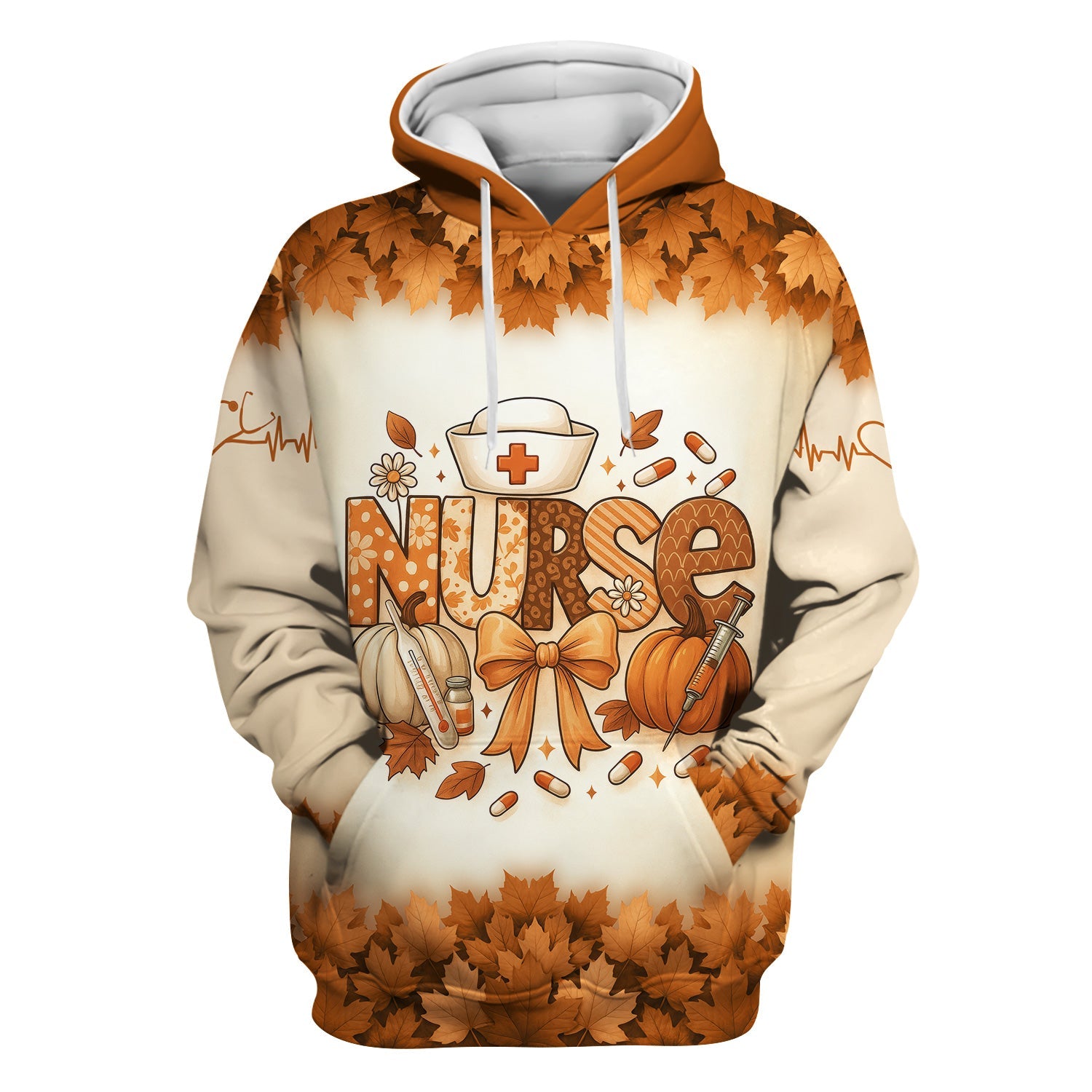Custom Fall Nurse Shirt for Women - Stethoscope Name & Pumpkin Leaves Design - Cute Seasonal Gift for RN CNA LPN