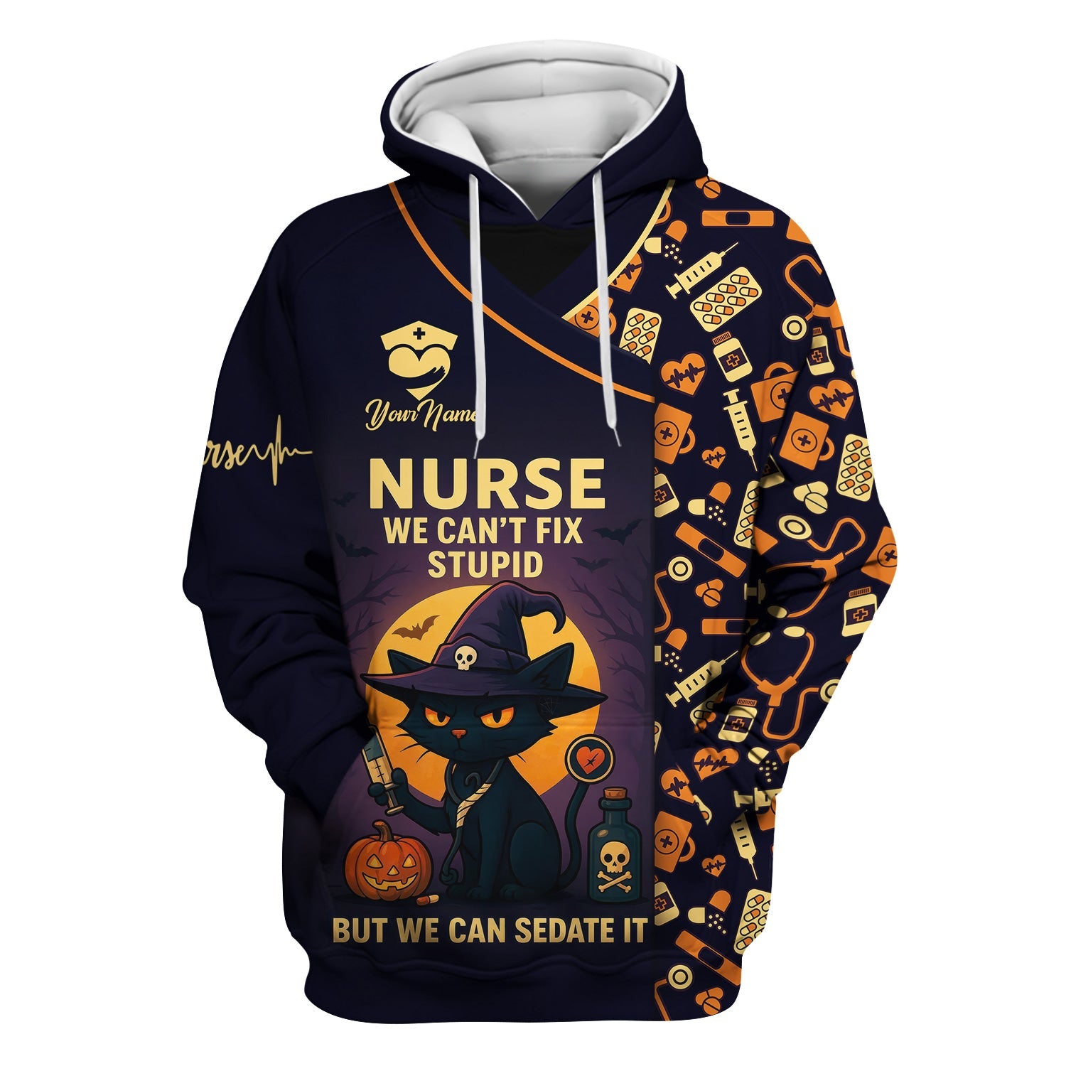 Personalized We Can't Fix Stupid Nurse Shirt - Spooky Black Cat Halloween Design - Custom Name Medical Gift for RN CNA Women