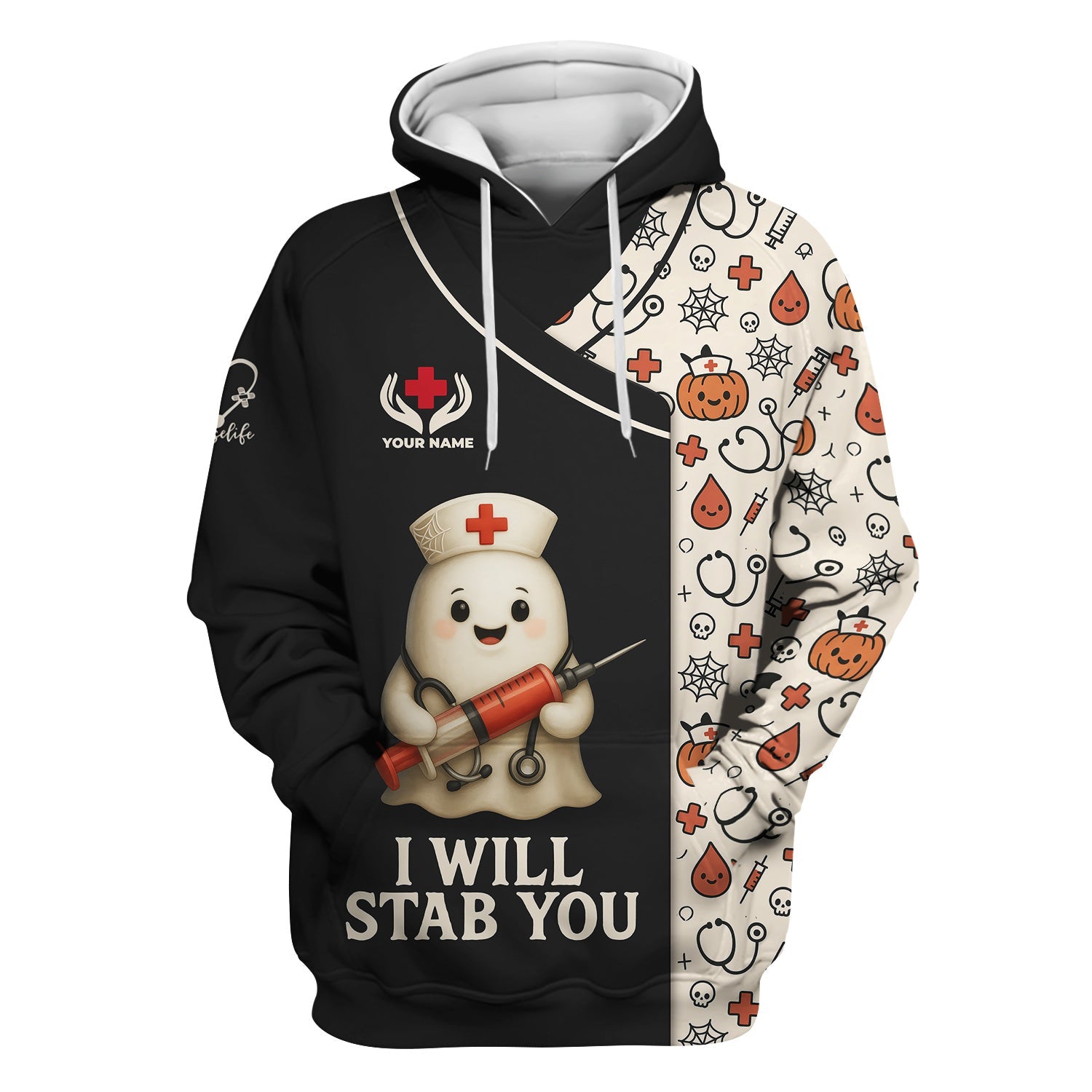 Personalized Halloween Medical Nurse T-Shirt - Funny Ghost with I Will Stab You Quote - Custom Name Gift for RN LPN CNA Healthcare Professionals