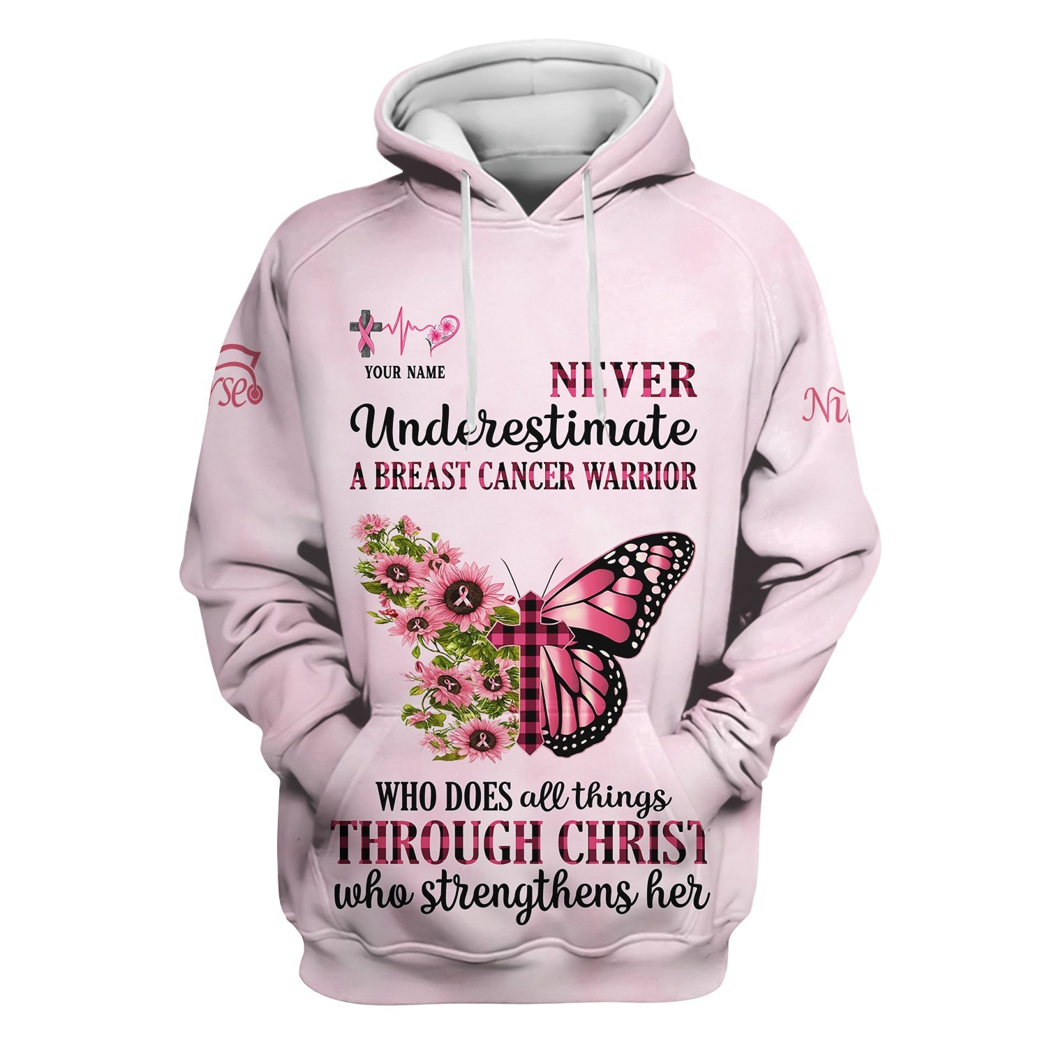 Personalized Breast Cancer Warrior Shirt  - Christian Faith Quote & Pink Butterfly Design - Gift for Women RN LPN CNA