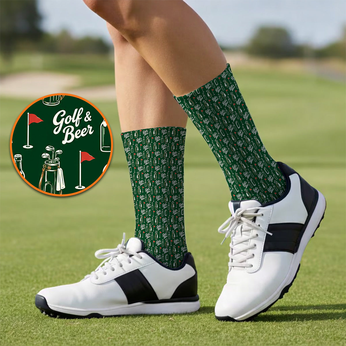 Crazy Golf & Beer Socks, Golf Bag And Beer Bottle Pattern Golf Sock, Golf Gift For Beer Lovers