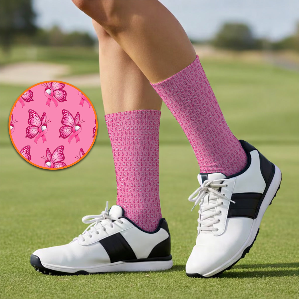 Breast Cancer Awareness Golf Socks, Pink Ribbon Butterfly Golf Sock for Golf Lovers, Support Cancer Awareness Golf Gift