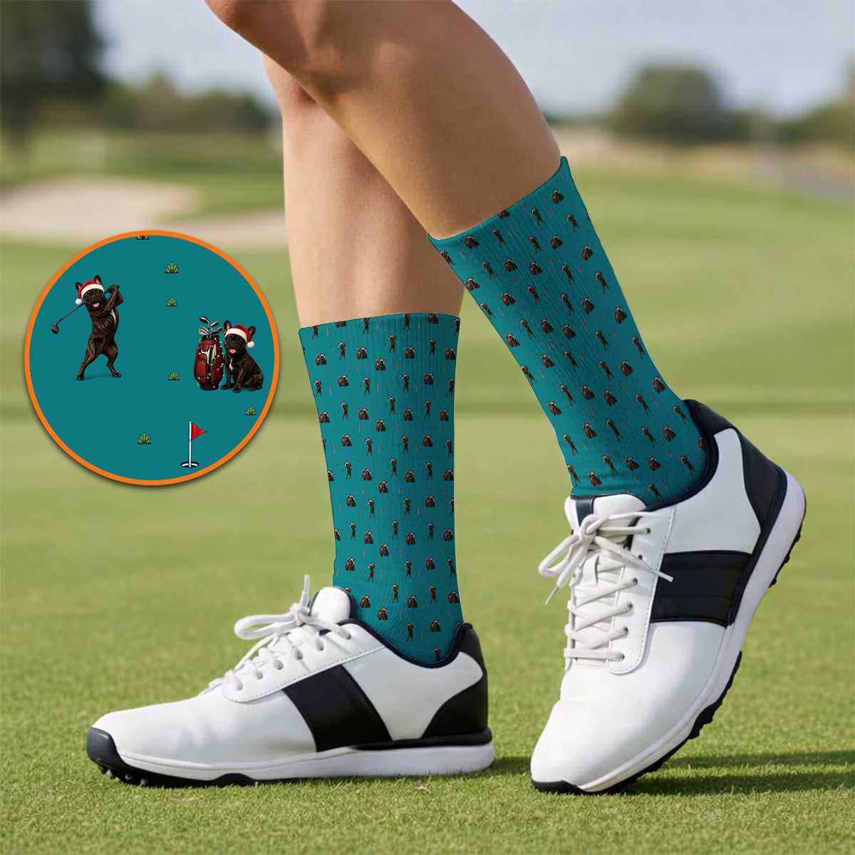 Christmas French BullDog Golfer Socks, Xmas French BullDog Golf Pattern Sock, Holiday Golf Gift for Golfers