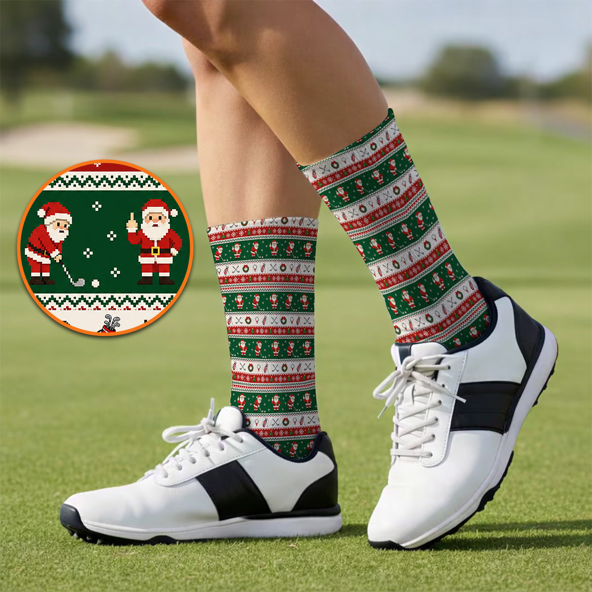 Funny Christmas Santa Golf Socks, Ugly Christmas Golf Pattern Sock, Xmas Gift For Golfer