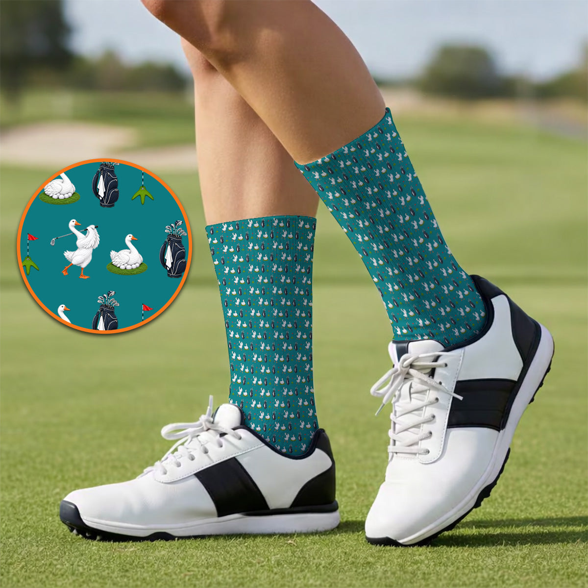 Funny Goose Golf Socks, Teal Goose & Golf Pattern Sock, Golf Apparel Gift For Golfer