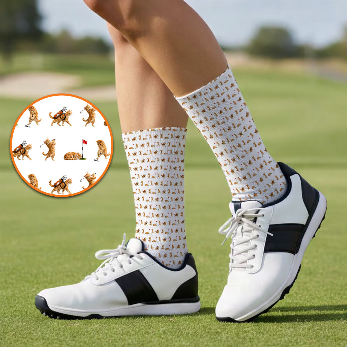 Orange Tabby Cat Golf Socks, Funny Ginger Cat Golf Pattern Sock, Unique Golf Gift For Cat Lovers