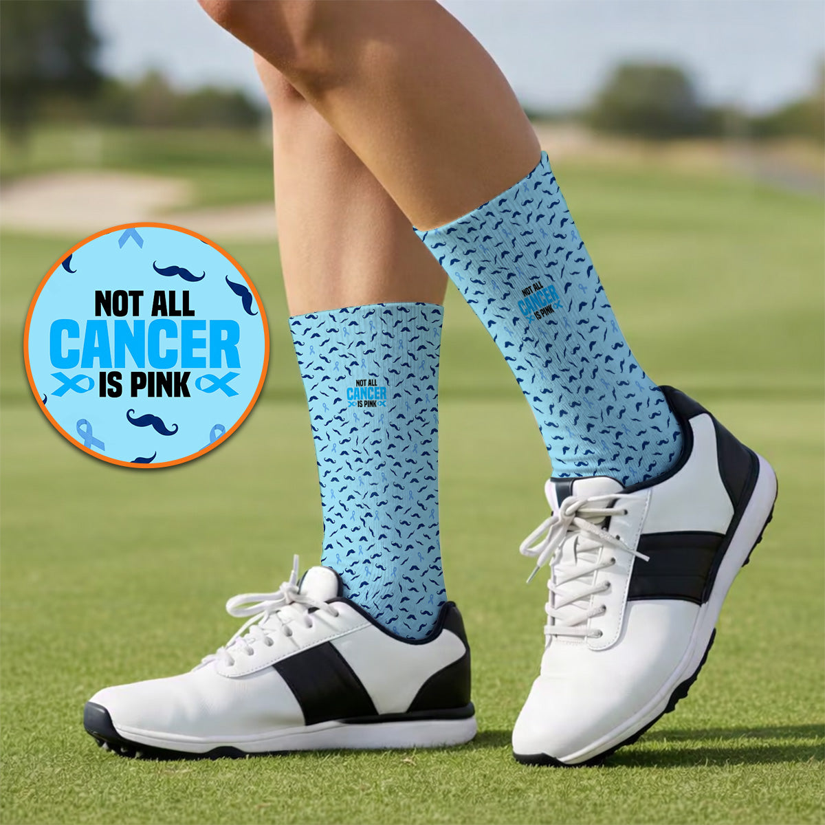 Prostate Cancer Awareness Golf Socks, Blue Ribbon Mustache Pattern Golf Sock, Support Gift for Golfers
