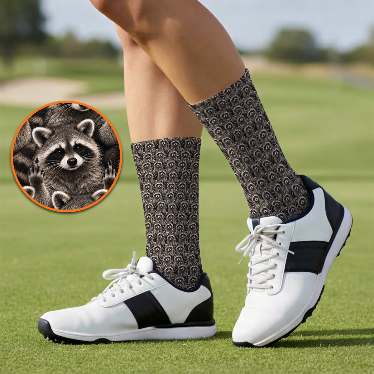 Raccoon Golf Pattern Socks, Crazy Raccoon Golf Sock, Golf Gift for Golfer