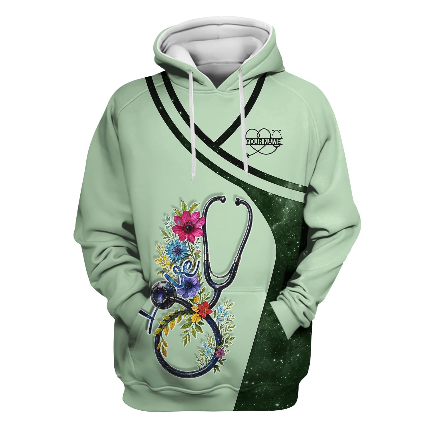 Custom Nurse Love T-Shirt - Floral Stethoscope & Galaxy Design - Personalized Gift for RN LPN CNA Healthcare Professionals
