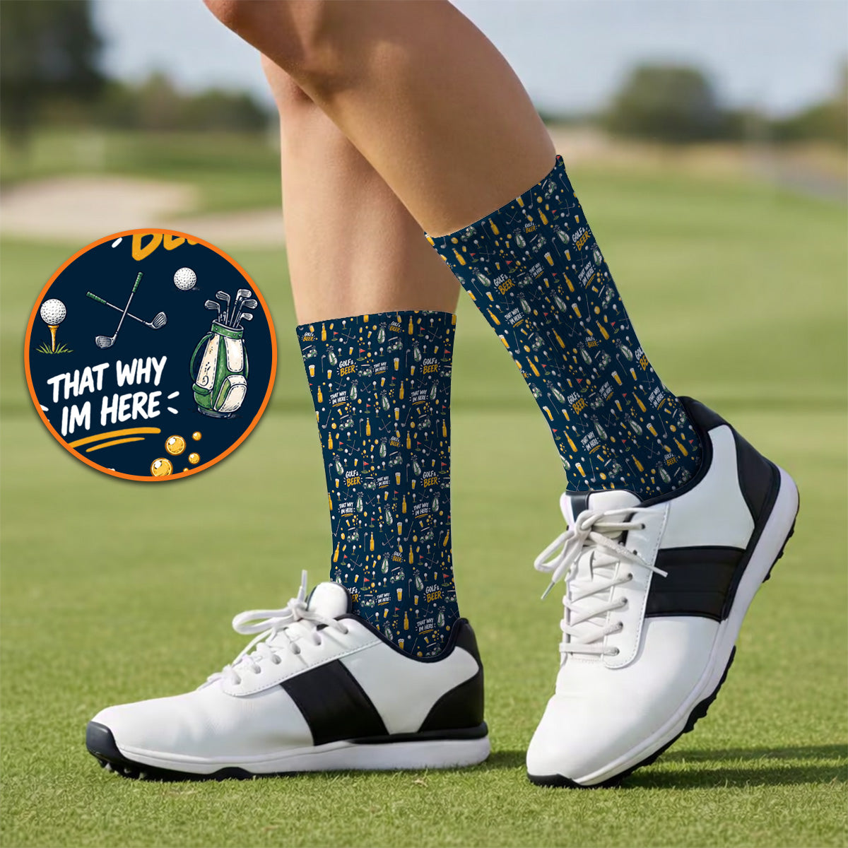 Funny Golf & Beer Socks, Golf Cart And Beer Pattern Golf Sock, That’s Why I’m Here Golf Gift For Golfer