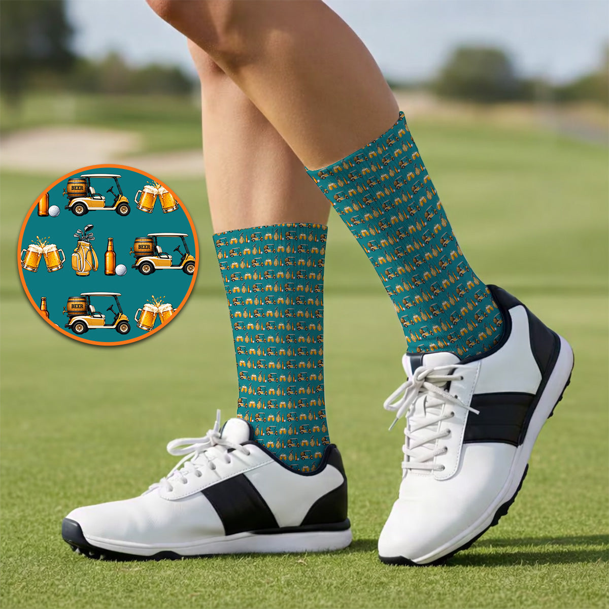 Golf & Beer Socks, Funny Beer Golf Cart Pattern Golf Sock, Beer Golf Gift For Golfers