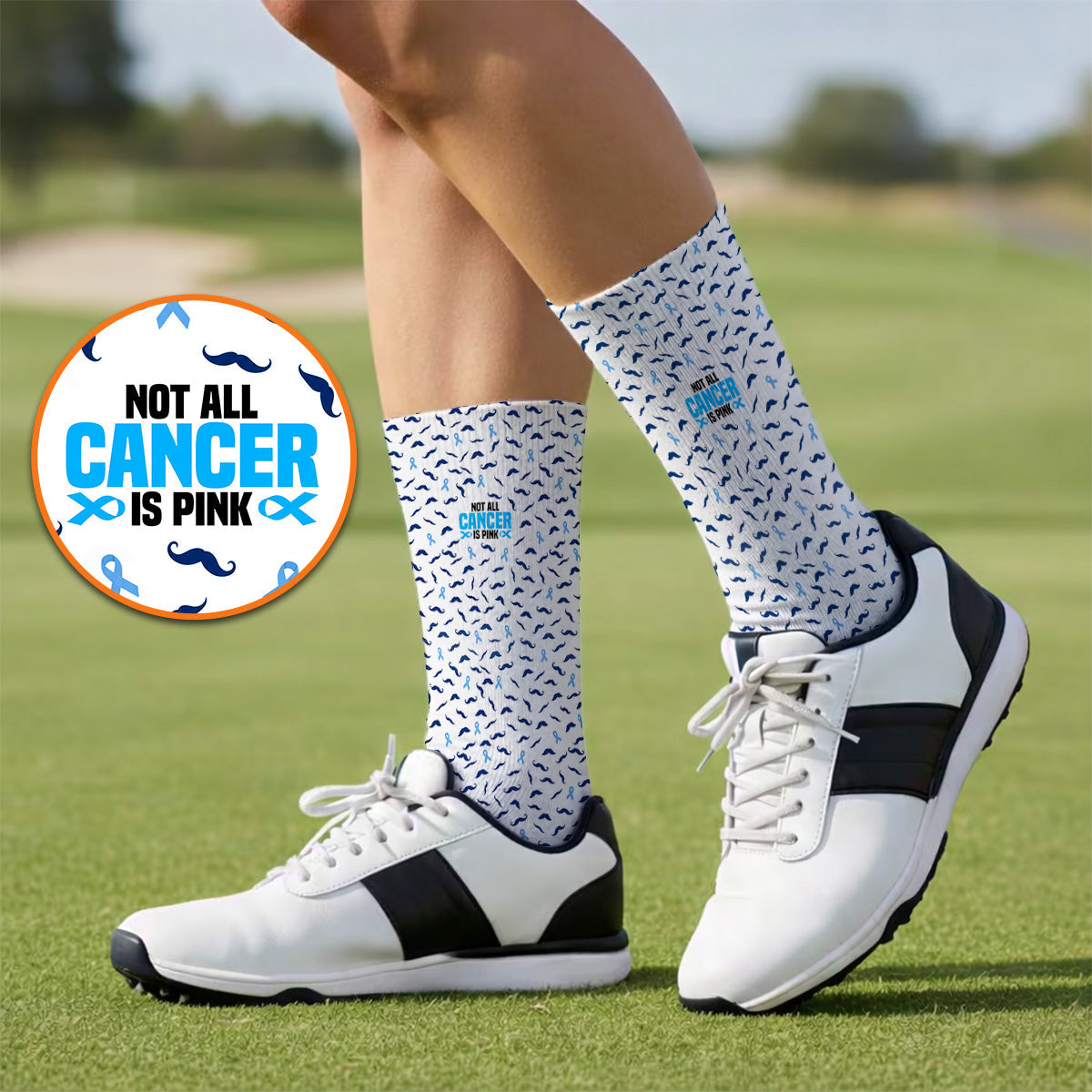 Prostate Cancer Awareness Golf Socks, Blue Ribbon Mustache Pattern Golf Sock, Support Gift for Golfers