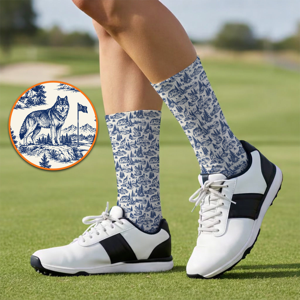 Vintage Wolf Golf Socks, Wilderness Wolf Pattern Golf Sock, Nature Inspired Golf Gift for Golfers