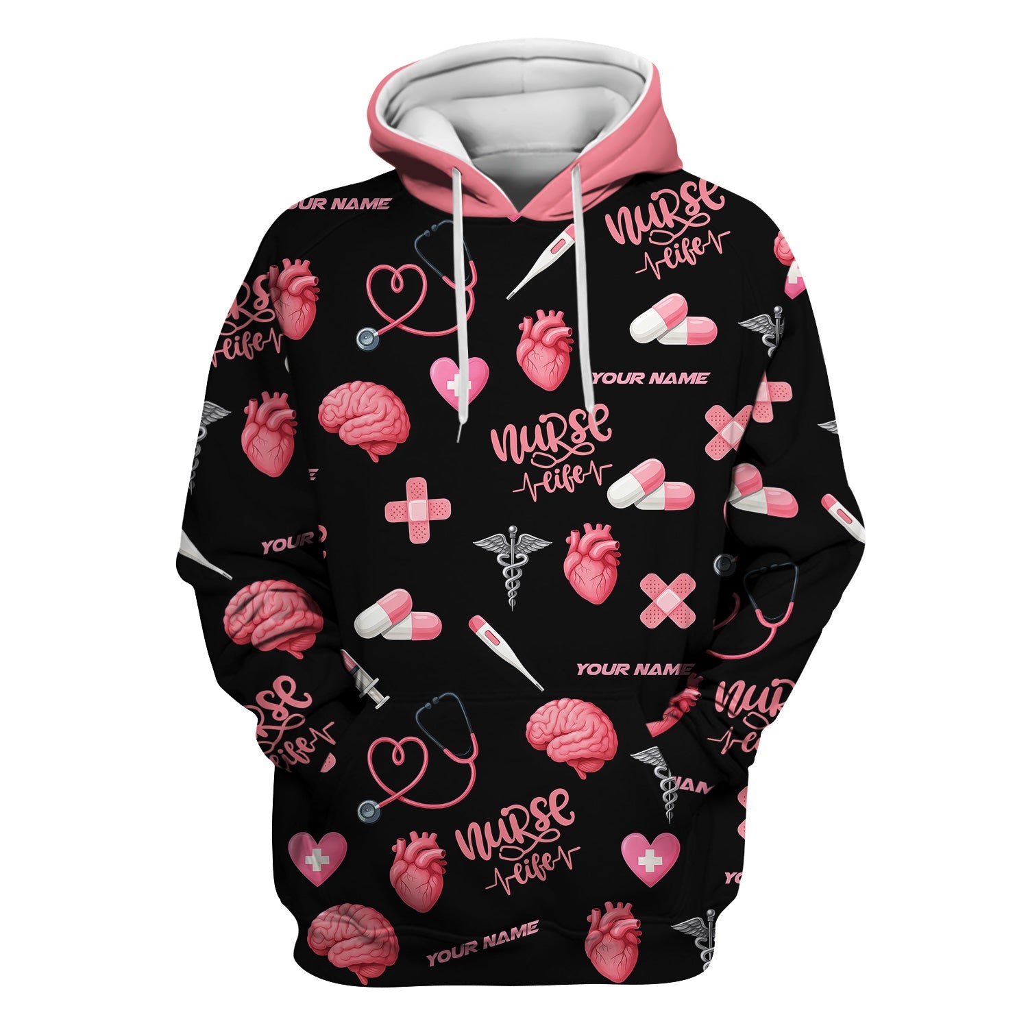 Personalized Nurse Life Shirt - Cute Medical Pattern with Heart Brain Pills Stethoscope - Custom Name Gift for RN CNA LPN Women in Healthcare and Nursing Profession