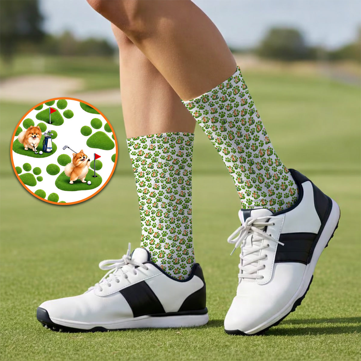 Pomeranian Paw Pattern Golf Socks, Cute Fluffy Pom Dog Pattern Golf Sock, Crazy Golf Gift For Golfers