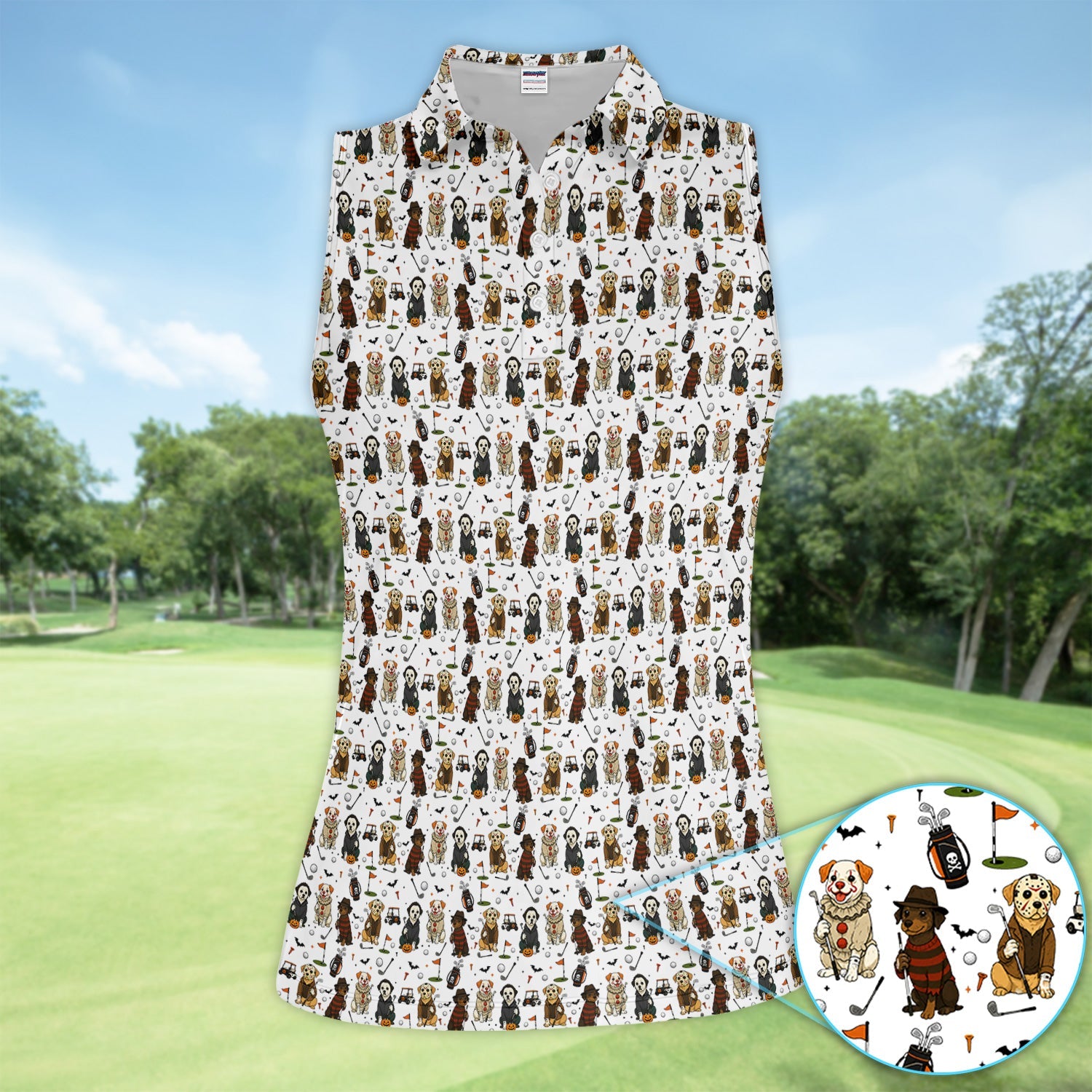 Spooky Slasher Dog Golf Pattern Shirt, Horror Pup Golf Polo For Women, Halloween Golf Lover Gift