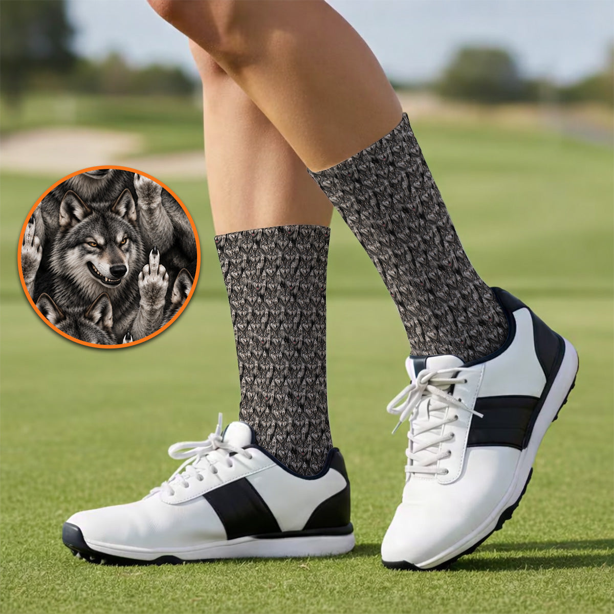Crazy Wolf Golf Socks, Wolf Golf Pattern Sock, Golf Gift for Golfers