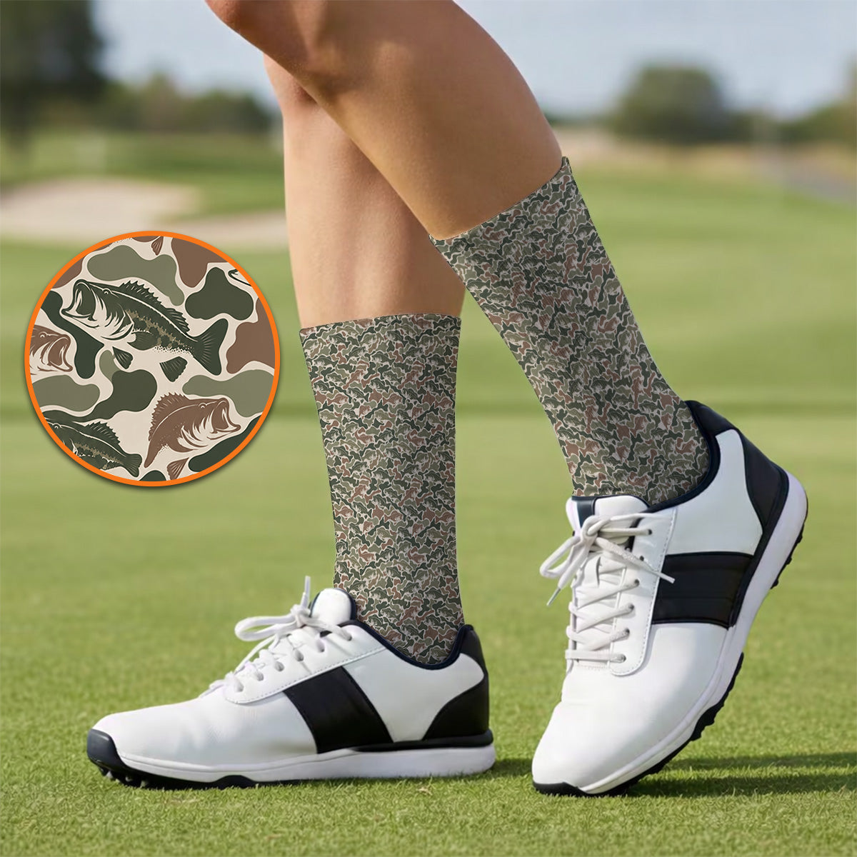 Bass Fishing Camo Pattern Golf Socks, Largemouth Bass Camouflage Golf Sock, Golf Gift For Golfers