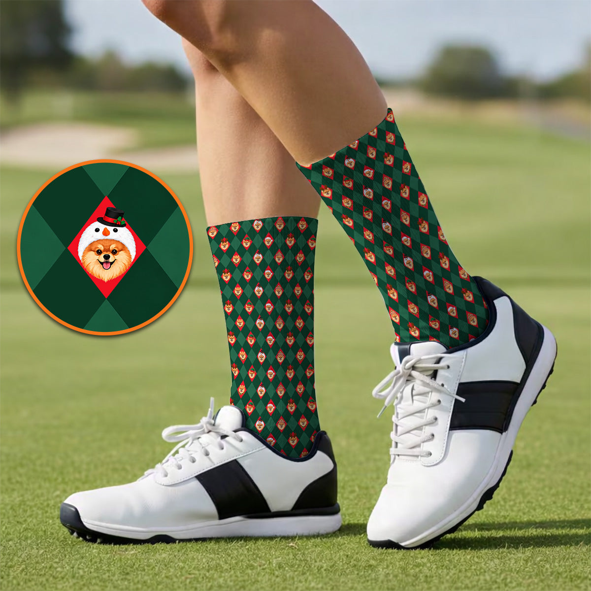 Christmas Pomeranian Golf Socks, Green Argyle & Santa Dog Pattern Golf Sock, Xmas Golf Gift For Golfer