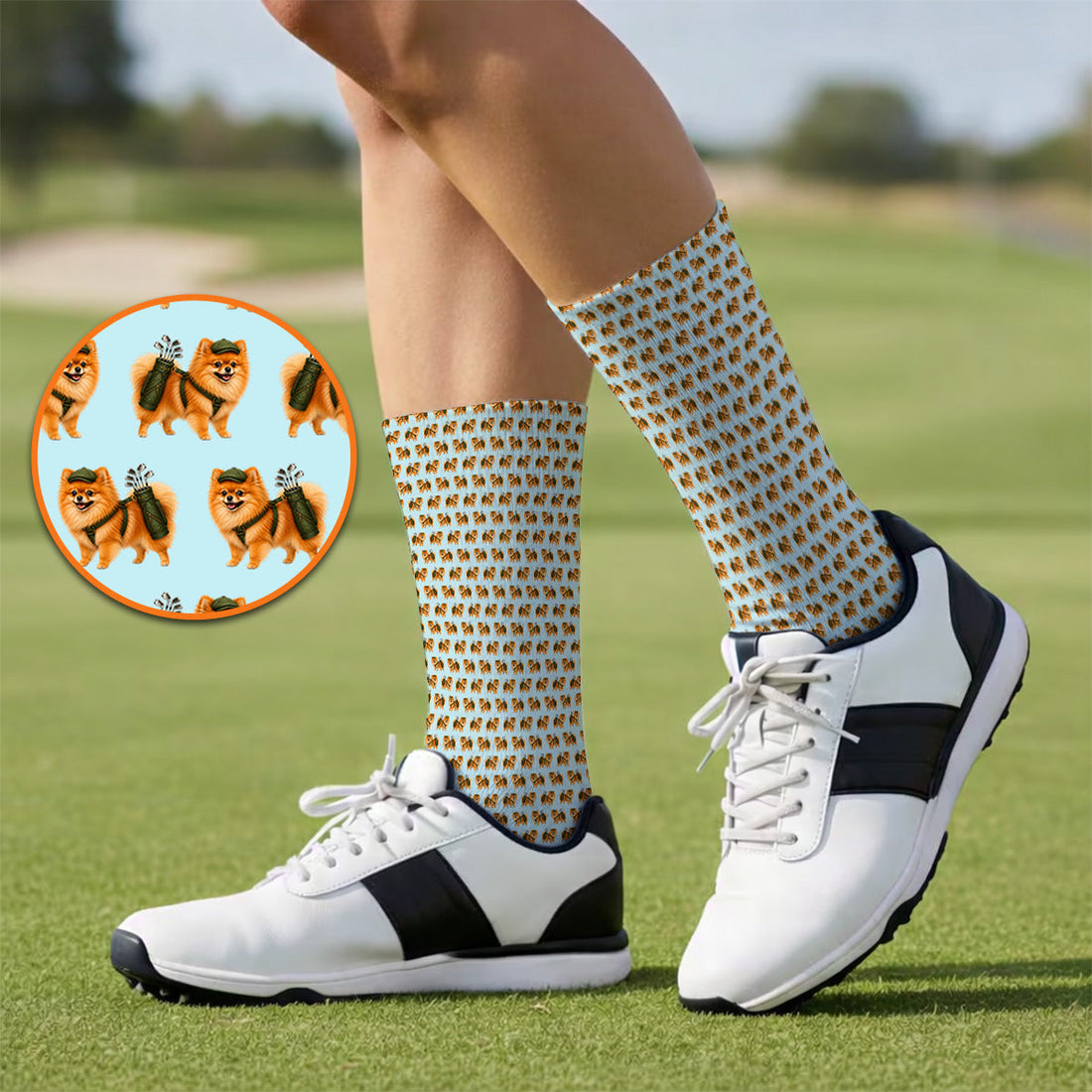 Golden Pomeranian Pattern Golf Socks, Cute Pomeranian Dog Golf Sock, Funny Golf Gift For Golfer