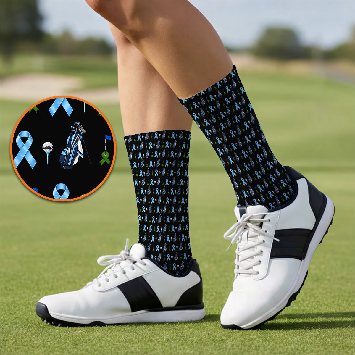 Prostate Cancer Awareness Golf Socks, Blue Ribbon Golf Pattern Sock, Prostate Cancer Support Gift for Golfers