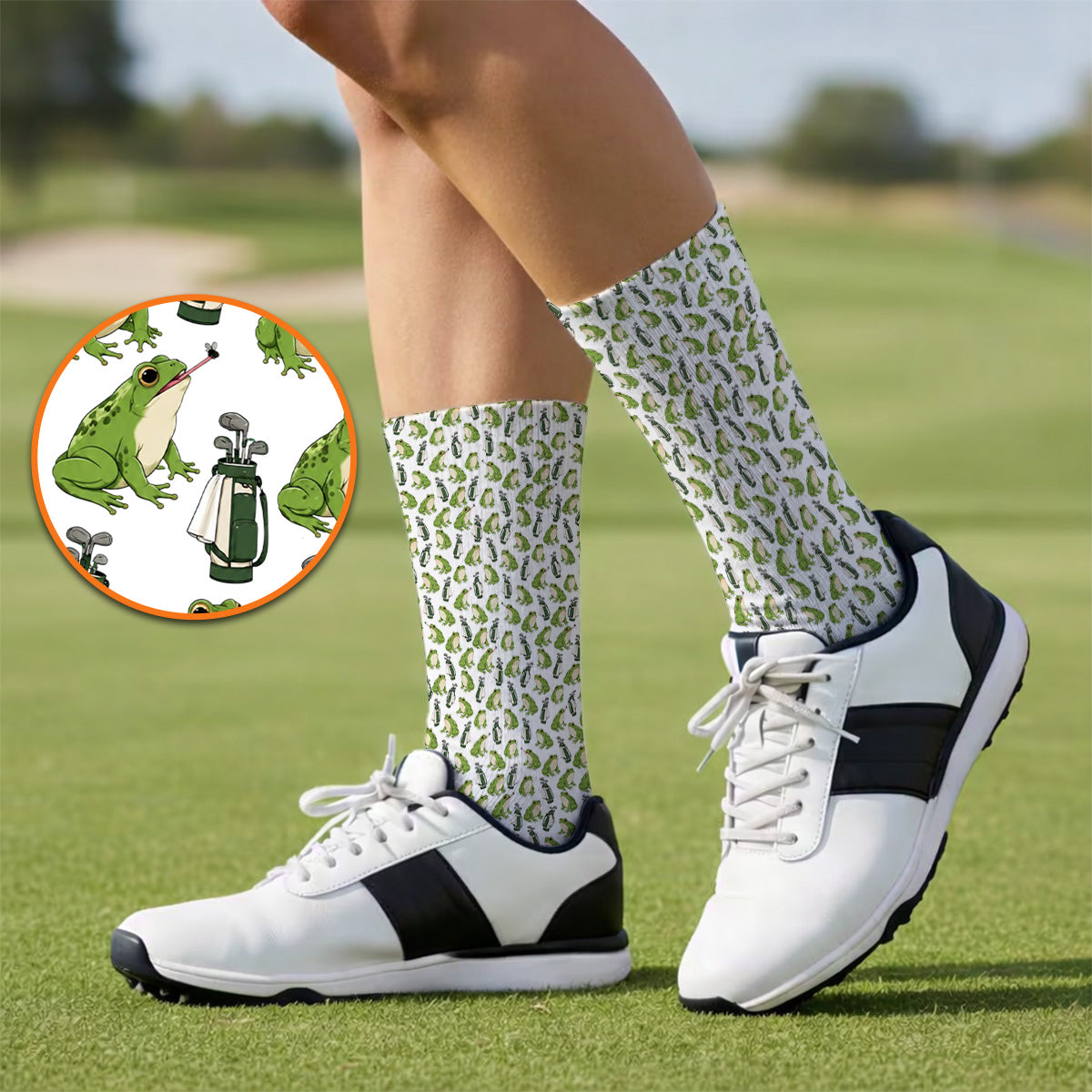 Cute Frog Golf Socks, Playful Frog & Golf Bag Pattern Sock, Funny Golf Gift For Frog Lovers