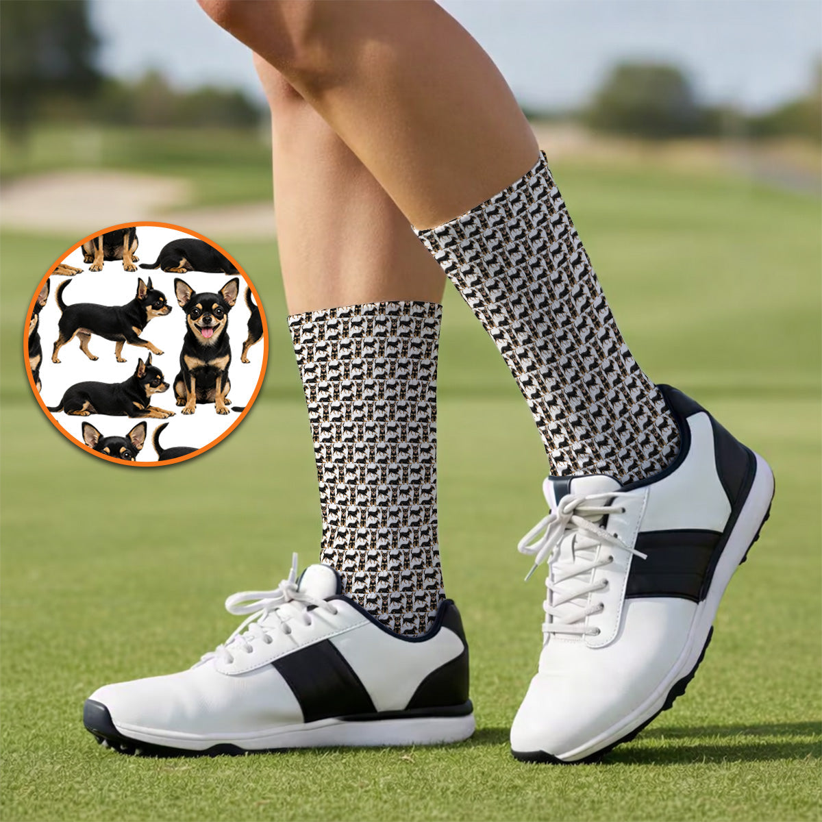 Funny Black Chihuahua Golf Sock, Cute Chihuahua Golf Pattern Socks, Dog Lovers Golf Gift For Golfer