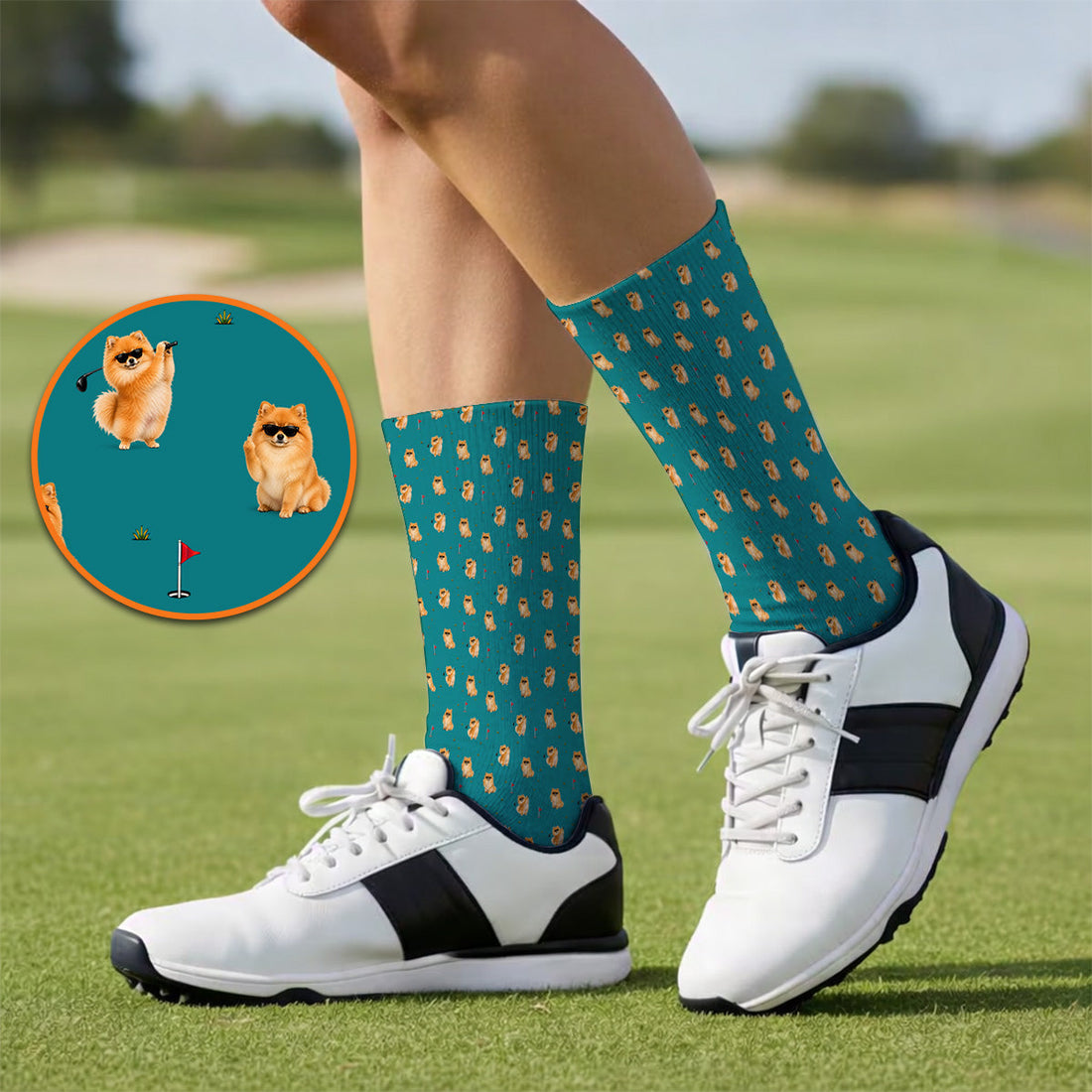 Golden Pomeranian Pattern Golf Socks, Cute Pomeranian Dog Golf Sock, Golf Gift For Golfer