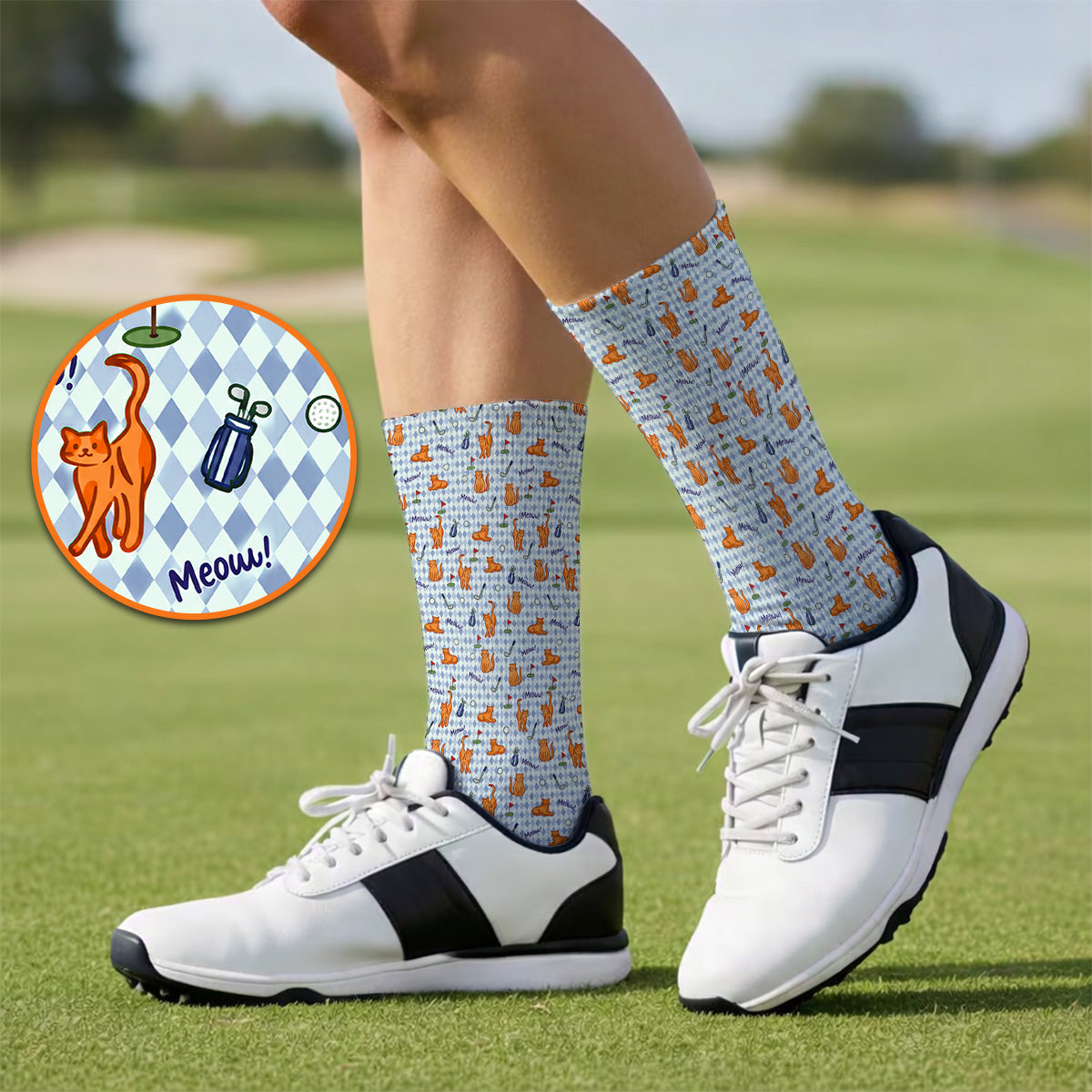 Cute Orange Cat Golf Socks, Meow Cat And Golf Pattern Sock, Funny Cat Golf Gift For Golfer