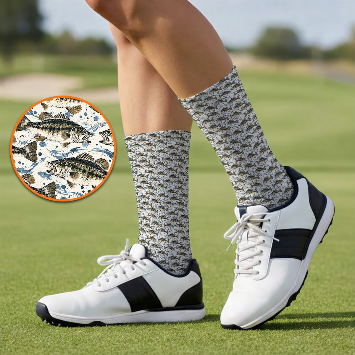 Gyotaku Bass Fishing Golf Socks, Vintage Japanese Fish Pattern Golf Sock, Golf Gift For Fishing Lovers
